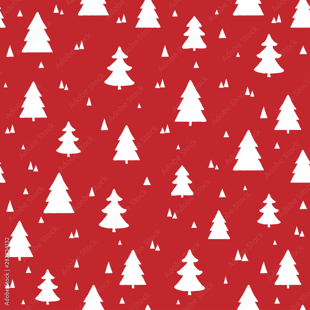 Scandinavian Christmas seamless pattern. Vector red background with white hand drawn Christmas trees