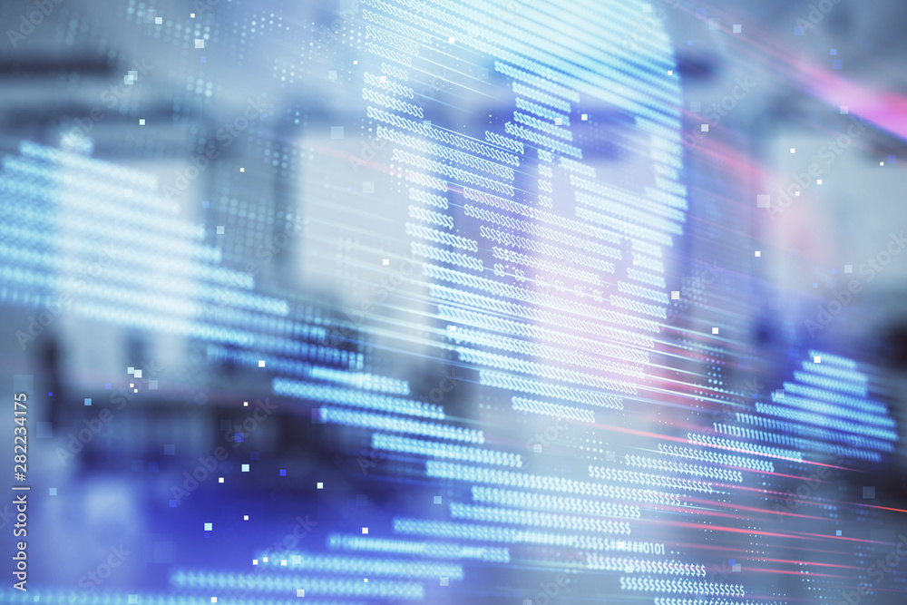 Hacking theme hologram with office interior on background. Double exposure. Concept of cyber piracy