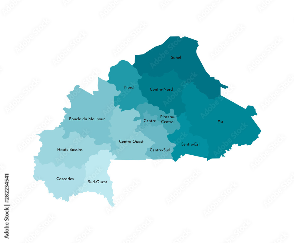 Obraz premium Vector isolated illustration of simplified administrative map of Burkina Faso. Borders and names of the regions. Colorful blue khaki silhouettes