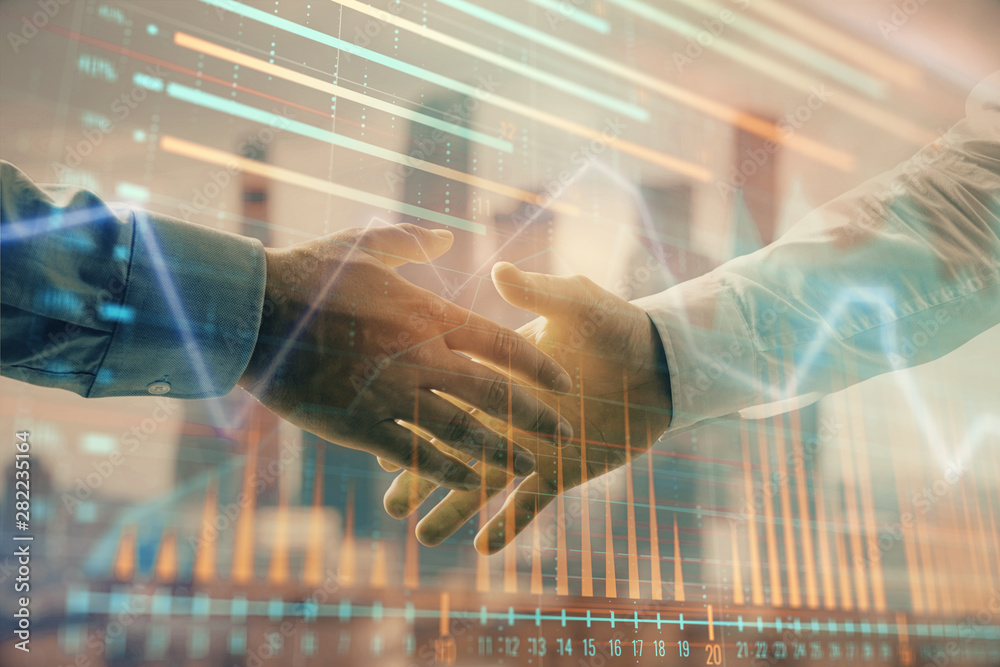 Double exposure of financial graph on cityscape background with two businessman handshake. Concept of stock market deal Double exposure of financial graph on cityscape background with two businessman handshake. Concept of stock market deal