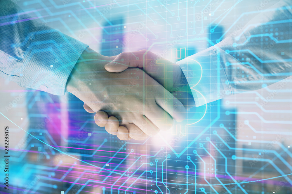 Double exposure of crypto economy theme drawing on cityscape background with handshake. Concept of partnership and blockchain Double exposure of crypto economy theme drawing on cityscape background with handshake. Concept of partnership and blockchain
