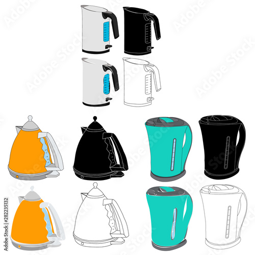 white background  set  collection of electric kettles