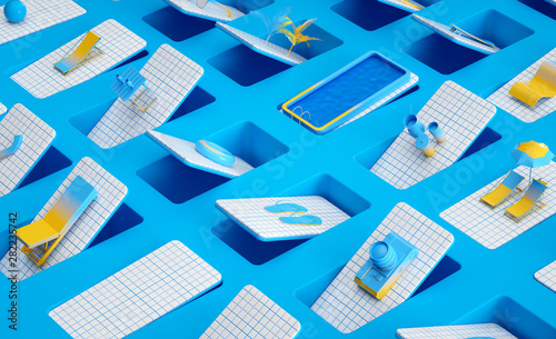3d image Summer beach accessories items Colorful beauty swimming pool abstract theme Flip flop display Blue background with yellow objects on tiled floor Pattern