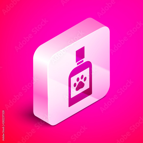 Isometric Dog medicine bottle icon isolated on pink background. Container with pills. Prescription medicine for animal. Silver square button. Vector Illustration