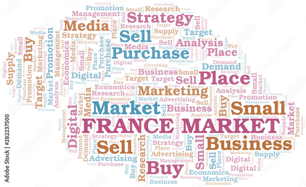 France Market word cloud. Vector made with text only.