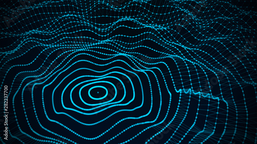 Abstract wave dots in dark background. Data technology background. 3d rendering.