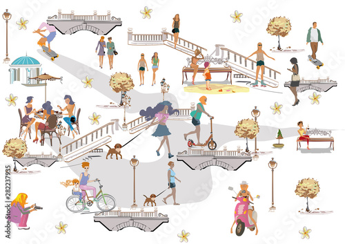 Set of people having rest in the park.  Leisure outdoor activities:  skateboard, roller-skates, riding a scooter and bicycle. Colorful vector illustration.