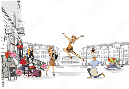 Series of retro street views with fashion people in the old city. Hand drawn vector architectural background with historic buildings. Street musicians. © Anna Laifalight