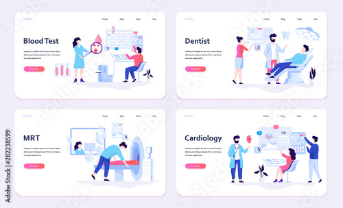 Medicine web banner concept set. Blood test and dentist