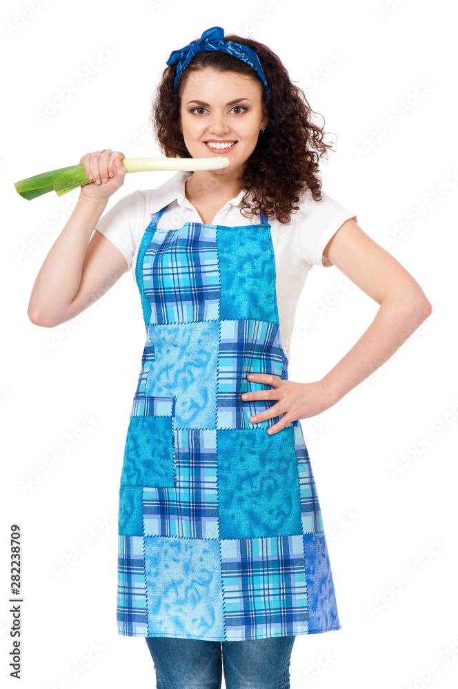 Young beautiful housewife with fresh leeks onion, isolated on white background. Portrait of pretty woman with resh vegetables. Studio shot. Young beautiful housewife with fresh leeks onion, isolated on white background. Portrait of pretty woman with resh vegetables. Studio shot.