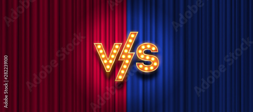 Lightbulbs letters versus logo on red and blue curtain background. VS logo for games, battle, performance, match, sports or fight competition, Game concept of rivalry. VS. Vector illustration