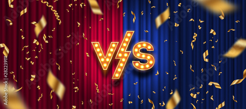 Lightbulbs letters versus logo, golden confetti on red and blue curtain background. VS logo for games, battle, performance, show, match, sports or fight competition, Game concept of rivalry. VS.