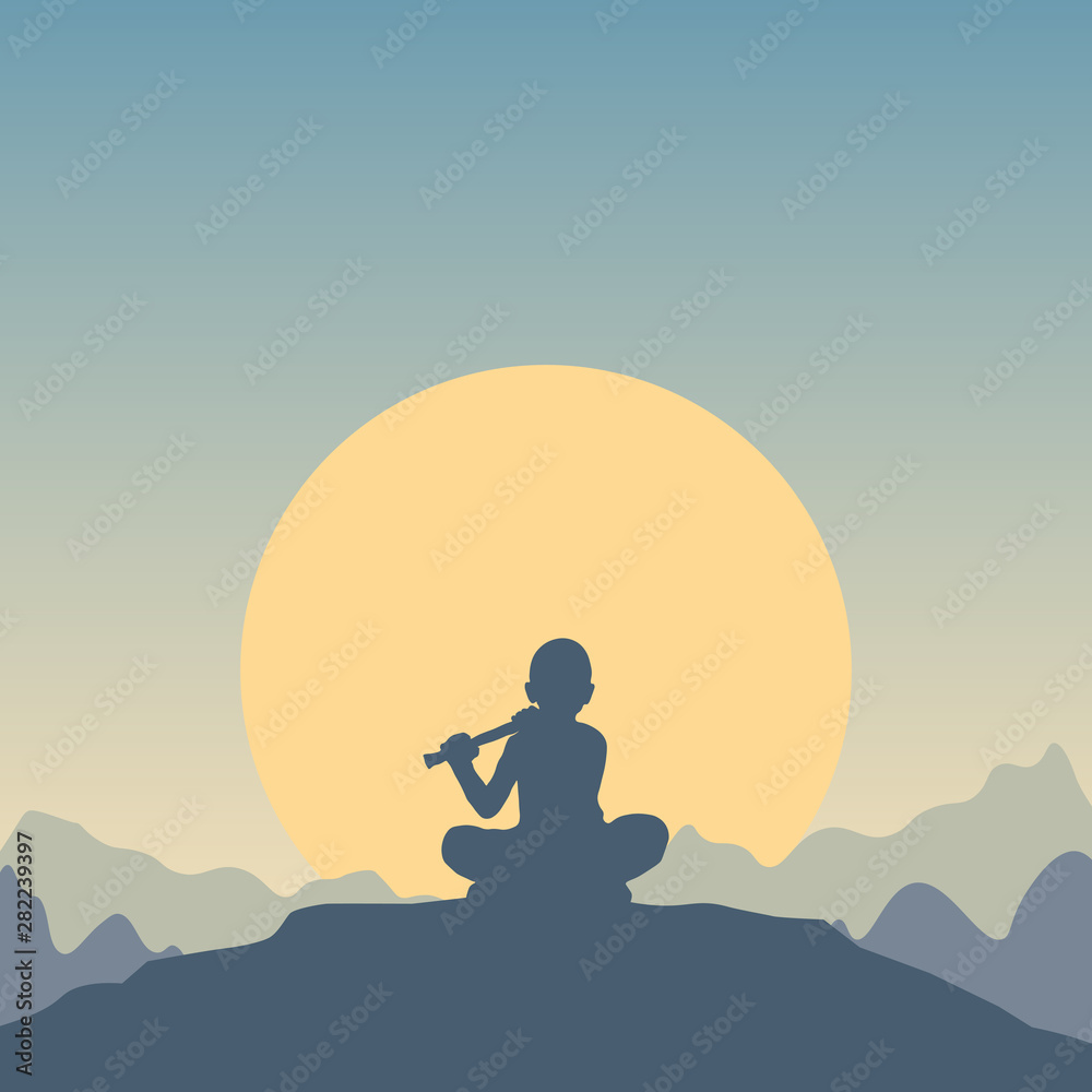 Silhouette of a boy sitting in a lotus position on top of a hill and playing the flute. Vector illustration in flat style with mountain landscape, sun and children. Template for card, poster, banner.