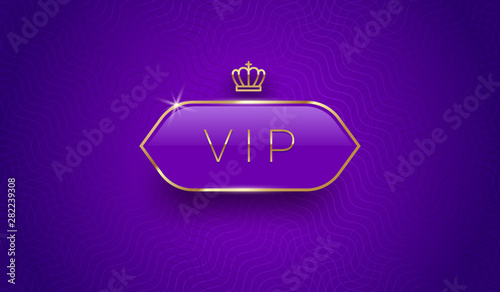 Vip glass label with golden crown and frame on a violet pattern background. Premium design. Luxury template design. Vector illustration.