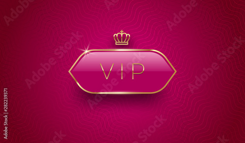 Vip glass label with golden crown and frame on a burgundy color pattern background. Premium design. Luxury template design. Vector illustration.