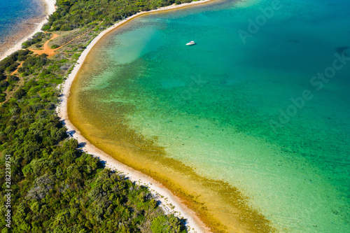 Aerial view of spectacular lagoon bays and beaches with pine forest on Dugi Otok island, Croatia, beautiful seascape