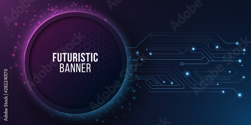 Futuristic high tech banner with computer circuit. Modern tech design. Blue and purple glowing neon honeycombs. Abstract glowing lights. Vector illustration