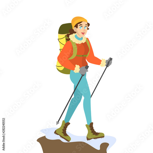 Woman mountain climber in special winter clothes