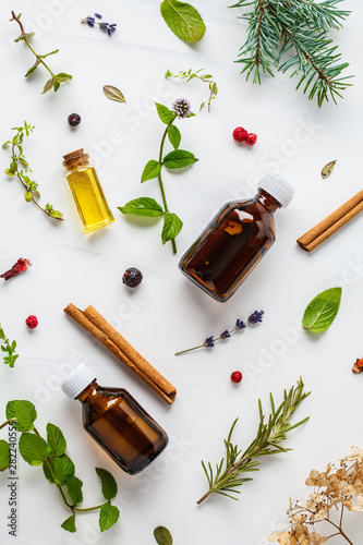 Ingredients for essential oil. Different herbs and bottles of essential oil, white background, flatlay.