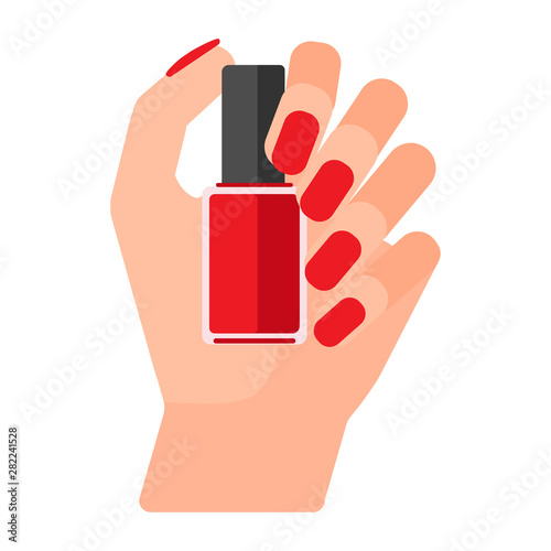 Girl holds bottle of varnish in her hand. Female hands with nail polish. Coat your fingernails with red varnish. Vector illustration on white background