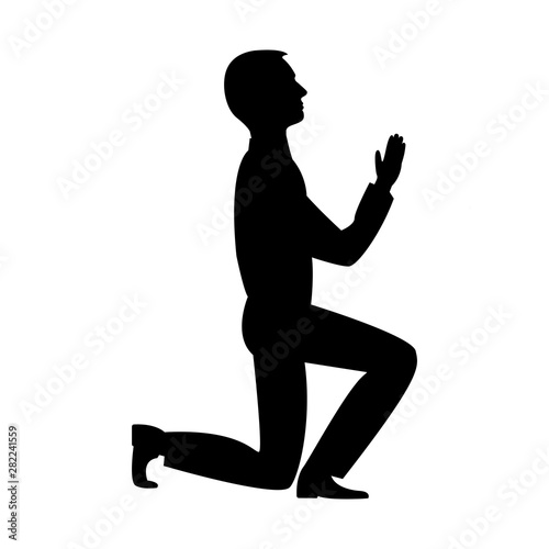 Man on his knees prays with hands up, black silhouette. Vector illustration