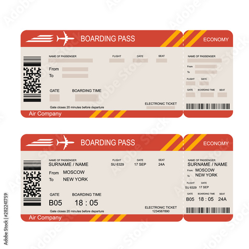 Plane ticket template. Air economy flight.