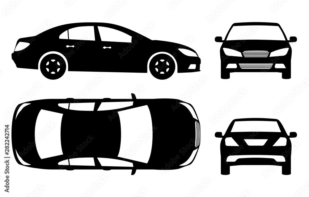 Naklejka Samochodowa sylwetka na białym tle. Ikony pojazdu ustawiają widok z boku, z przodu, z tyłu i od góry