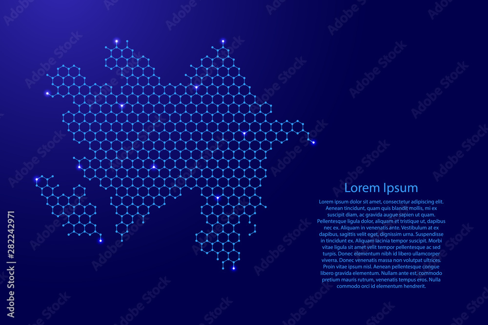 Azerbaijan map from futuristic hexagonal shapes, lines, points  blue and glowing stars in nodes, form of honeycomb or molecular structure for banner, poster, greeting card. Vector illustration.