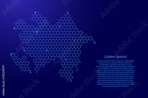 Azerbaijan map from futuristic hexagonal shapes, lines, points blue and glowing stars in nodes, form of honeycomb or molecular structure for banner, poster, greeting card. Vector illustration.