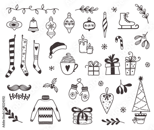 Set of Christmas and winter design elements in doodle style