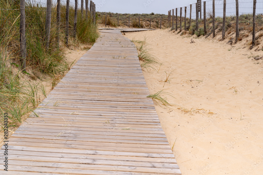 Wooden path on wood boards through the dunes to Arcachon beach sea in southwest France