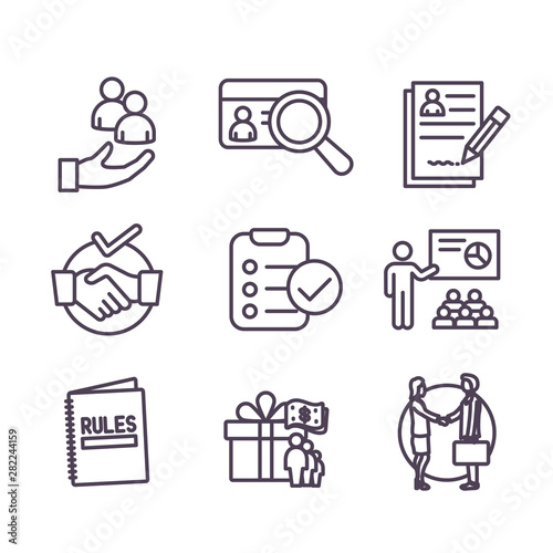 Hiring Process icon set with Benefits, background check, introductions, etc