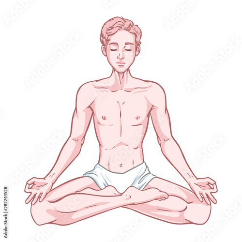 Young meditating yogi man in lotus pose isolated on white background. Vector illustration