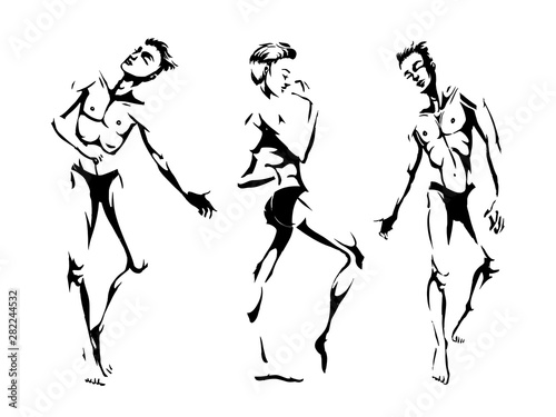 Sexy handsome men dancing in underwear, stripper, go-go boy, gay club disco, vector illustration