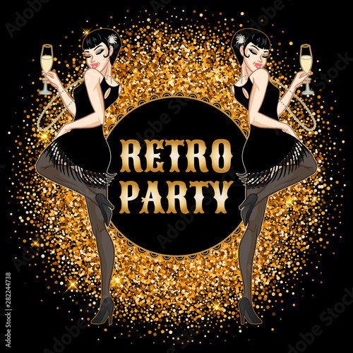 Retro party card, young beautiful woman dressed in 1920s style holding champagne glass, flapper girl, twenties, vector illustration