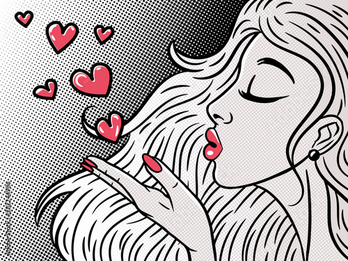 Comic style pop art girl in profile blowing a kiss, beautiful woman, vector illustration