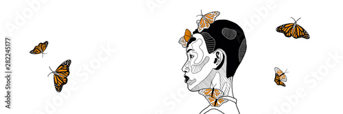 Profile with butterflies, hand drawn