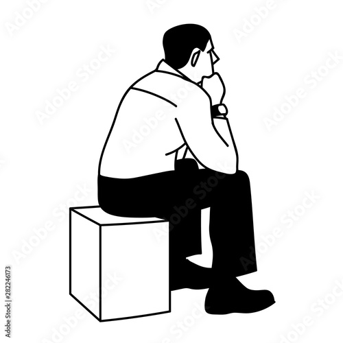 Man sitting on box. View from the back. Black lines isolated on white background. Concept. Vector illustration of serious man sitting on cube putting elbows on his knees in simple sketch style. photo