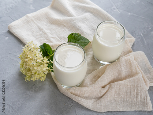 Two glasses of natural milk on a gray background. Copy space.