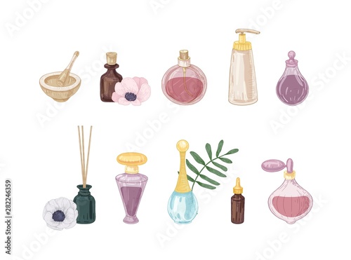 Set of perfume products in glass bottles and flasks isolated on white background. Bundle of drawings of fragrances, toilet water, essential oil, incense sticks, mortar and pestle. Vector illustration.