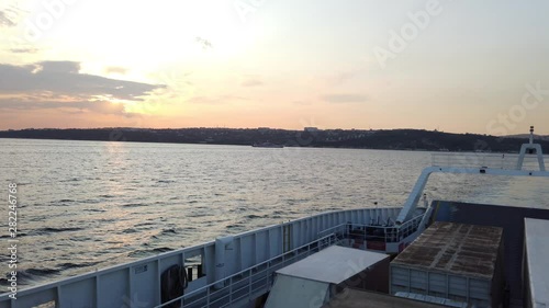 Yalova, Turkey - July 2019: View from upper deck of a ferry carrying cars and trucks, leaving Eskihisar heading to Yalova port on a summer afternoon