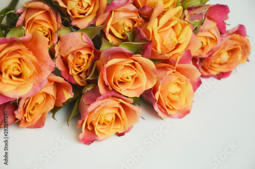 bouquet of beautiful pink and orange roses on a light background. bouquet of flowers.