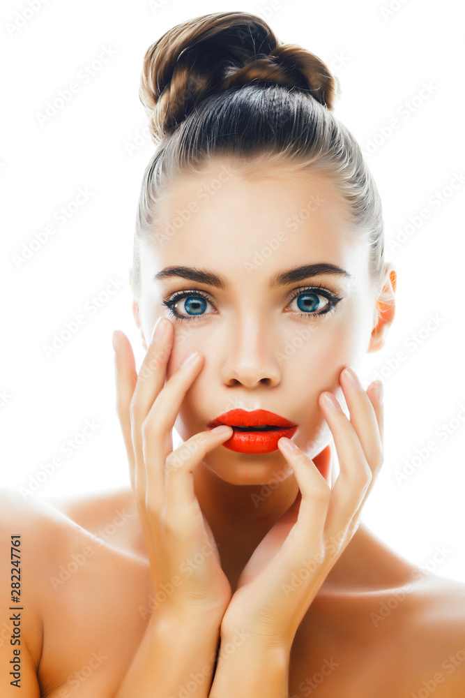 young pretty brunette real woman close up isolated on white background. Fancy fashion makeup, natural look spa