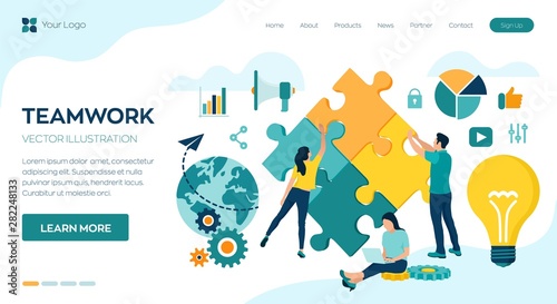 Teamwork concept. People connecting puzzle elements. Business team. Symbol of teamwork, cooperation, partnership, association and connection. Team metaphor. Business concept. Vector Illustration. © iuriimotov