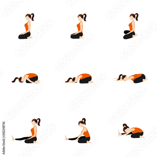 Seated knees yoga poses set/ Illustration stylized woman practicing seated yoga postures, variations with knees
