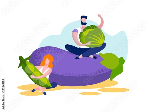 Young Man and Woman Sitting at Huge Eggplant.