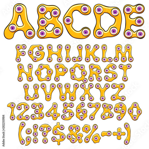 Alphabet, letters, numbers and signs of orange slime with purple eyes for Halloween. Set of isolated vector objects on white background.