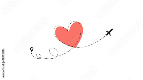 Love airplane route. Heart dashed line trace and plane routes isolated on white background. Romantic wedding travel, Honeymoon trip. Hearted plane path drawing. Vector illustration