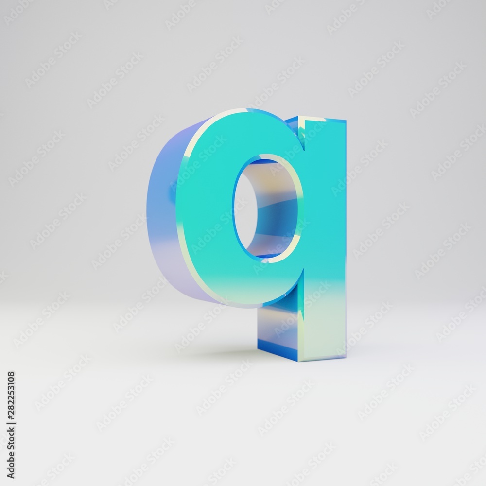 Sky blue 3d letter Q lowercase. Metal font with glossy reflections and shadow isolated on white background. Sky blue 3d letter Q lowercase. Metal font with glossy reflections and shadow isolated on white background.