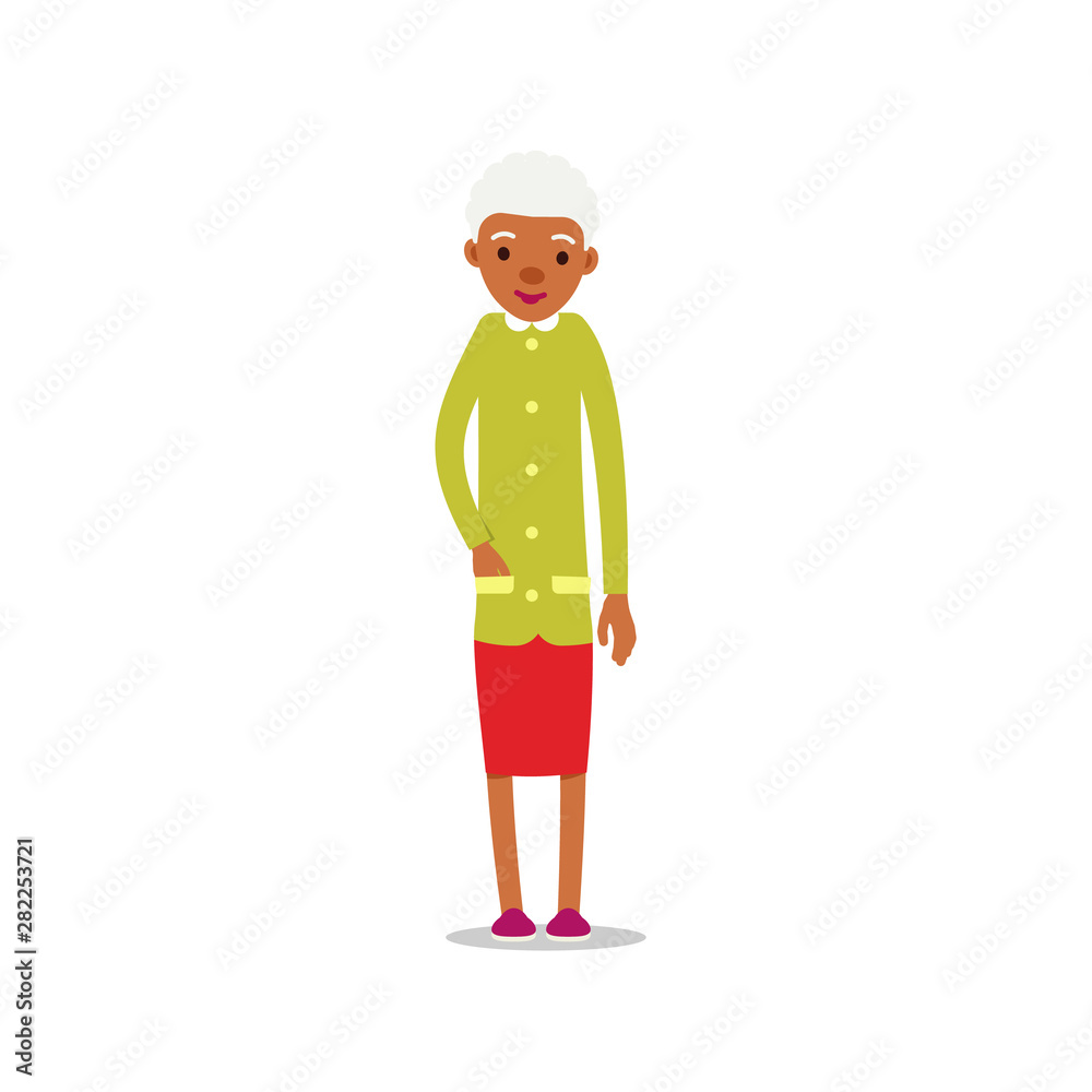 Happy african old women. Cute grandmother standing and smiling. Traditional retirement lifestyle. Older black lady retired. Cartoon illustration isolated on white background in flat style Happy african old women. Cute grandmother standing and smiling. Traditional retirement lifestyle. Older black lady retired. Cartoon illustration isolated on white background in flat style